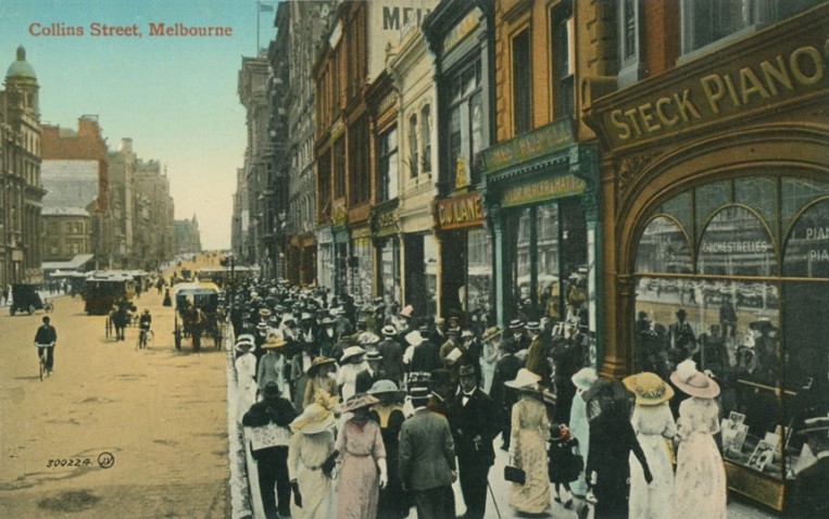 A contemporary postcard of Collins Street, Melbourne (around 1910). The Aeolian Company (Orchestrelle Company) premises at No. 252 is in the right-side foreground, denoted by the Steck Piano banner. (Image courtesy of Rex Lawson, London).